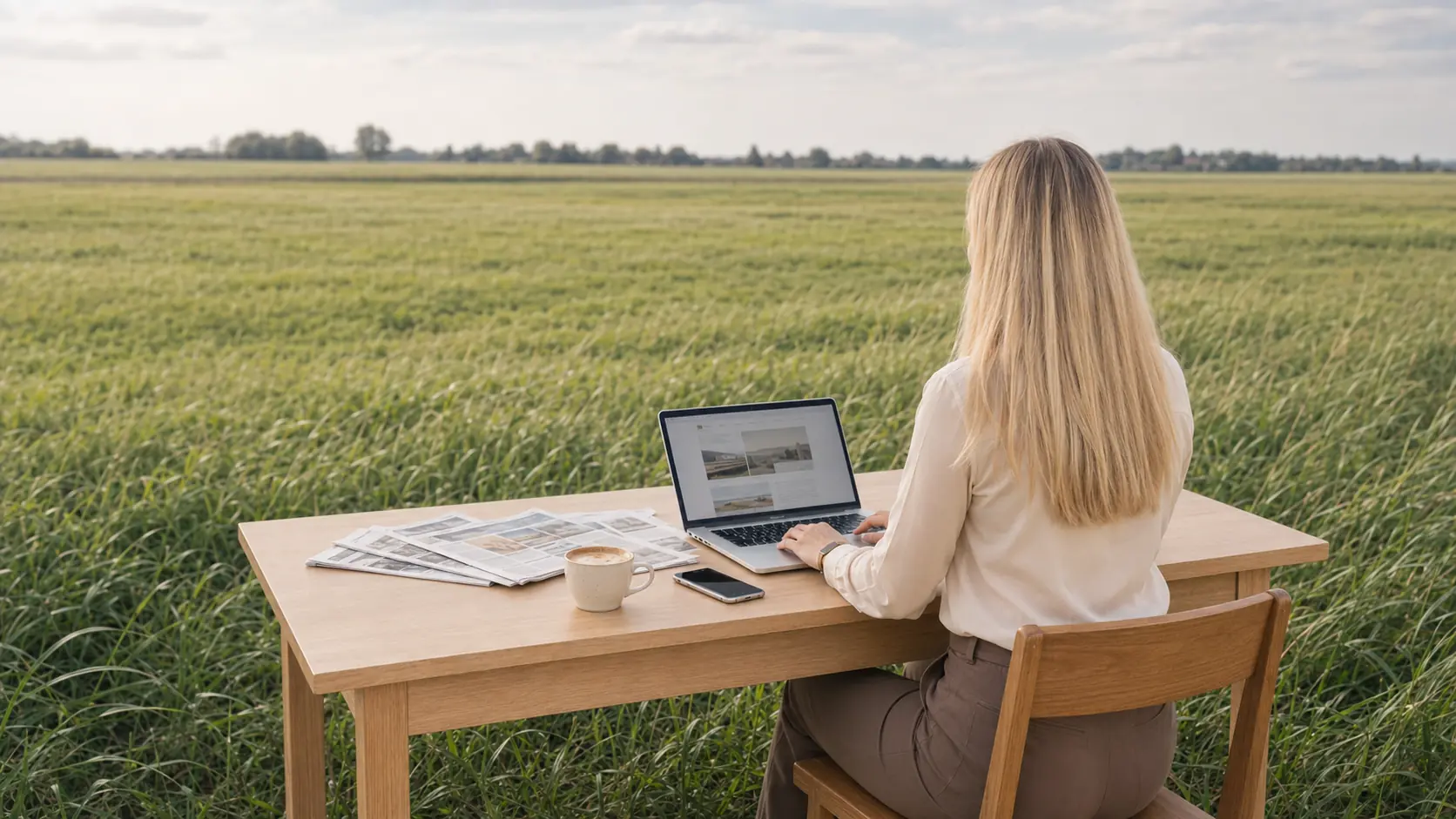 Denise werkt aan een bureau met kranten, koffie en laptop in een weiland